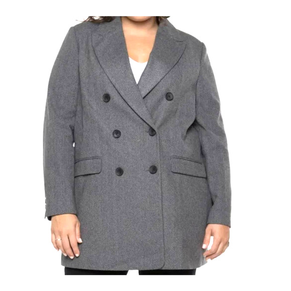 Black Tape Jackets & Blazers - Women's Gray Herringbone Double Breasted Coat Jacket Plus Size 2X